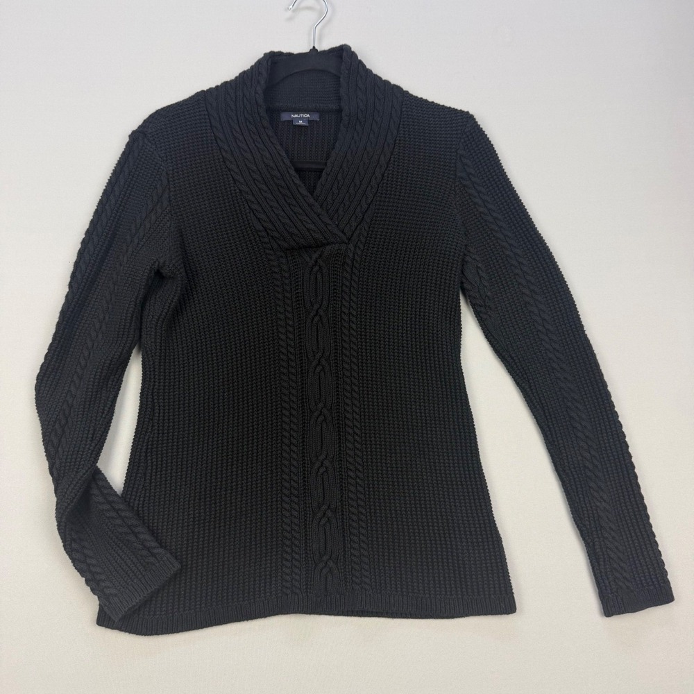 Nautica Fisherman Sweater Black Cable Knit Shawl Collar 100% Cotton Women's M